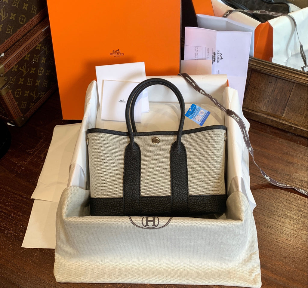 Hermes Garden Party Tote Bag Off-White Canvas Black Leather Silver Hardware