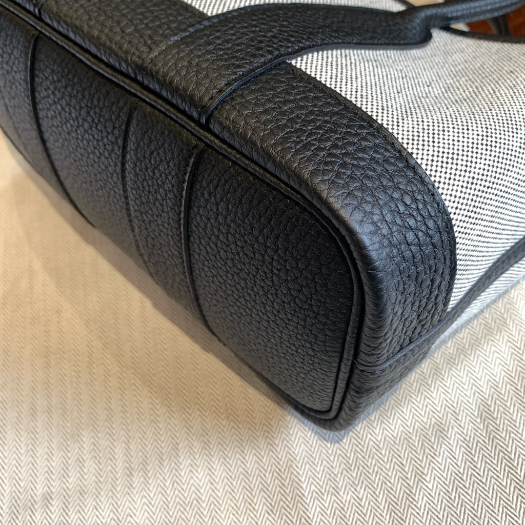 Hermes Garden Party Tote Bag Off-White Canvas Black Leather Silver Hardware