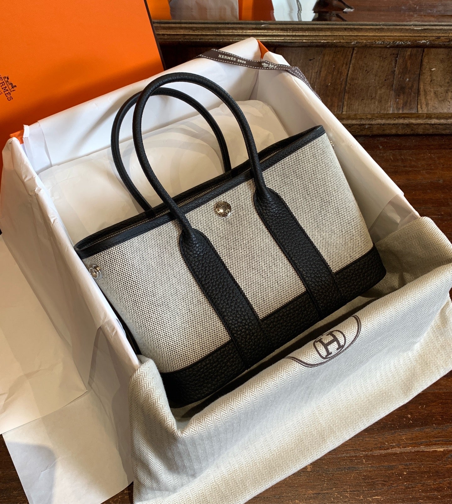 Hermes Garden Party Tote Bag Off-White Canvas Black Leather Silver Hardware