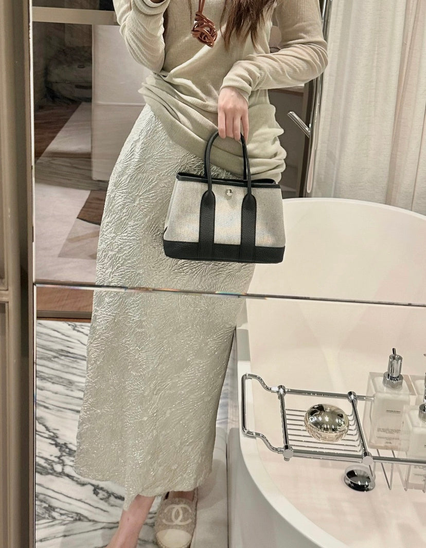 Hermes Garden Party Tote Bag Off-White Canvas Black Leather Silver Hardware