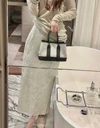 Hermes Garden Party Tote Bag Off-White Canvas Black Leather Silver Hardware