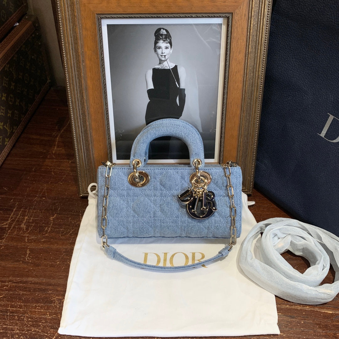 Dior Lady D-Joy Handbag Light-Wash Blue Denim Gold Hardware