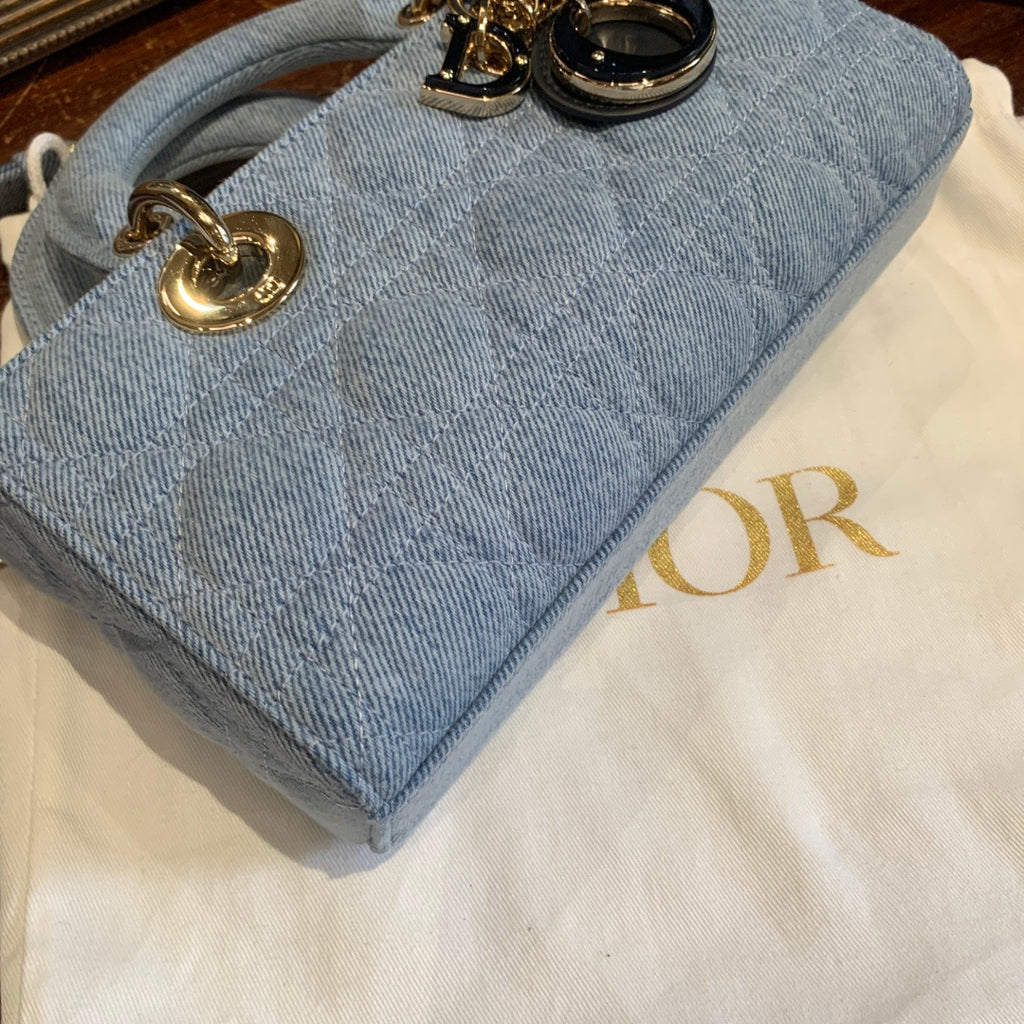 Dior Lady D-Joy Handbag Light-Wash Blue Denim Gold Hardware