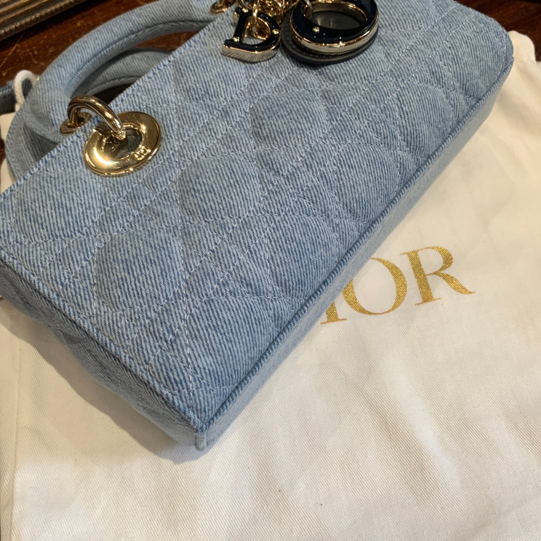 Dior Lady D-Joy Handbag Light-Wash Blue Denim Gold Hardware
