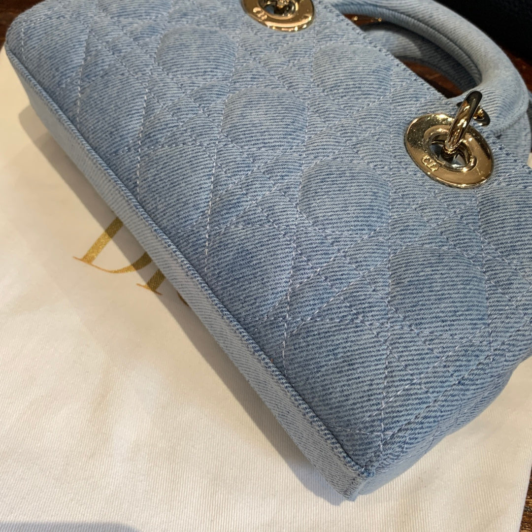 Dior Lady D-Joy Handbag Light-Wash Blue Denim Gold Hardware