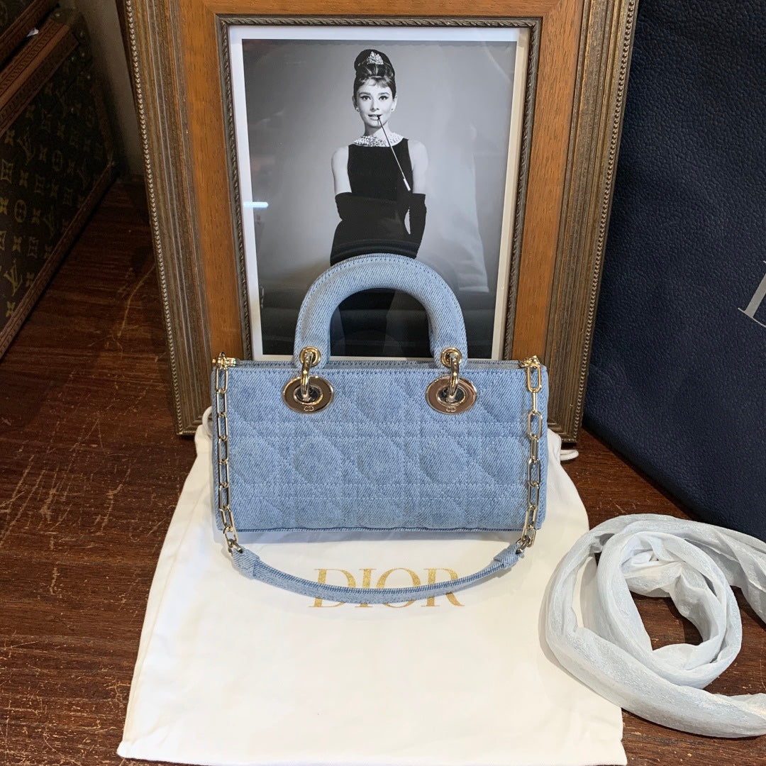 Dior Lady D-Joy Handbag Light-Wash Blue Denim Gold Hardware