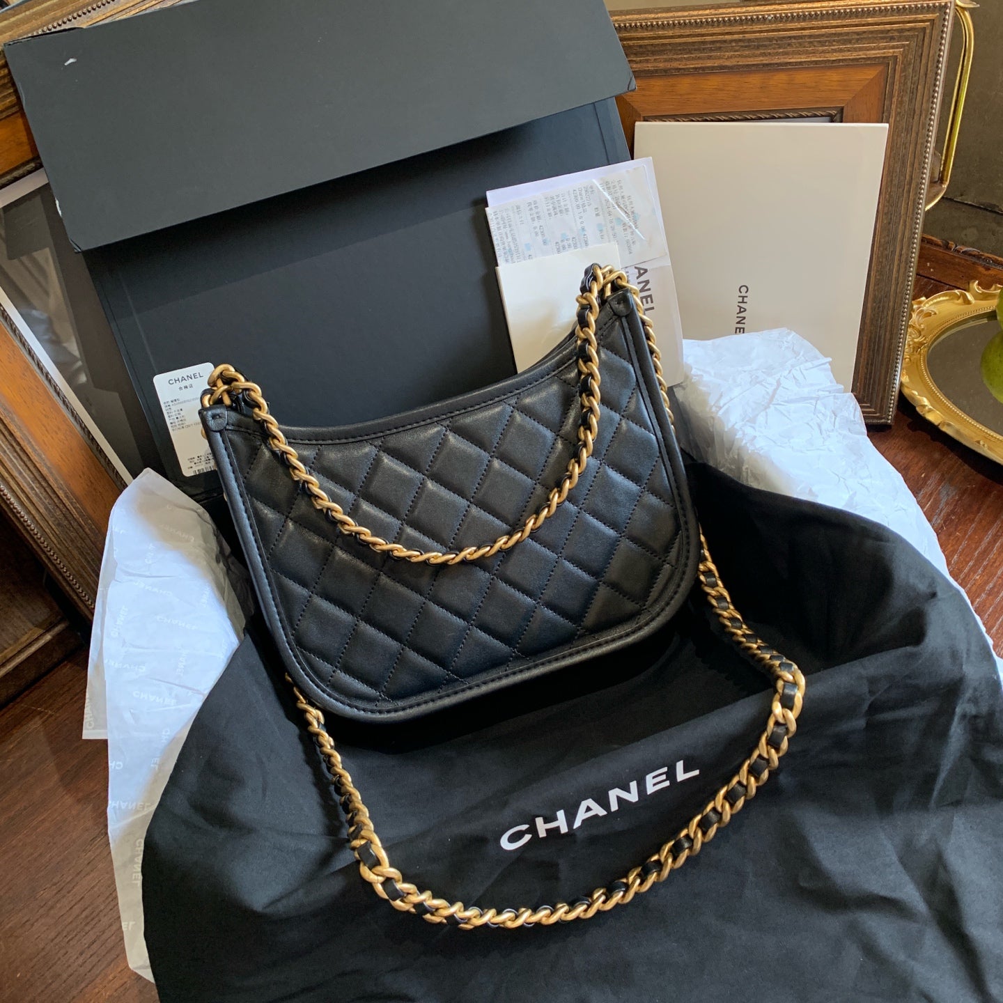 Chanel 22 Hobo Bag Black Quilted Leather Gold Hardware