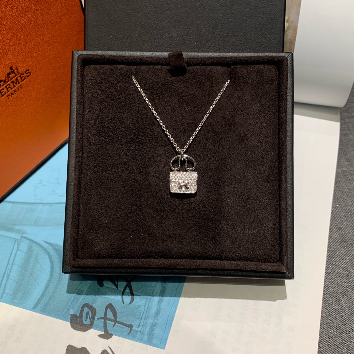Hermes Kelly Amulette Necklace Silver Pavé Diamonds