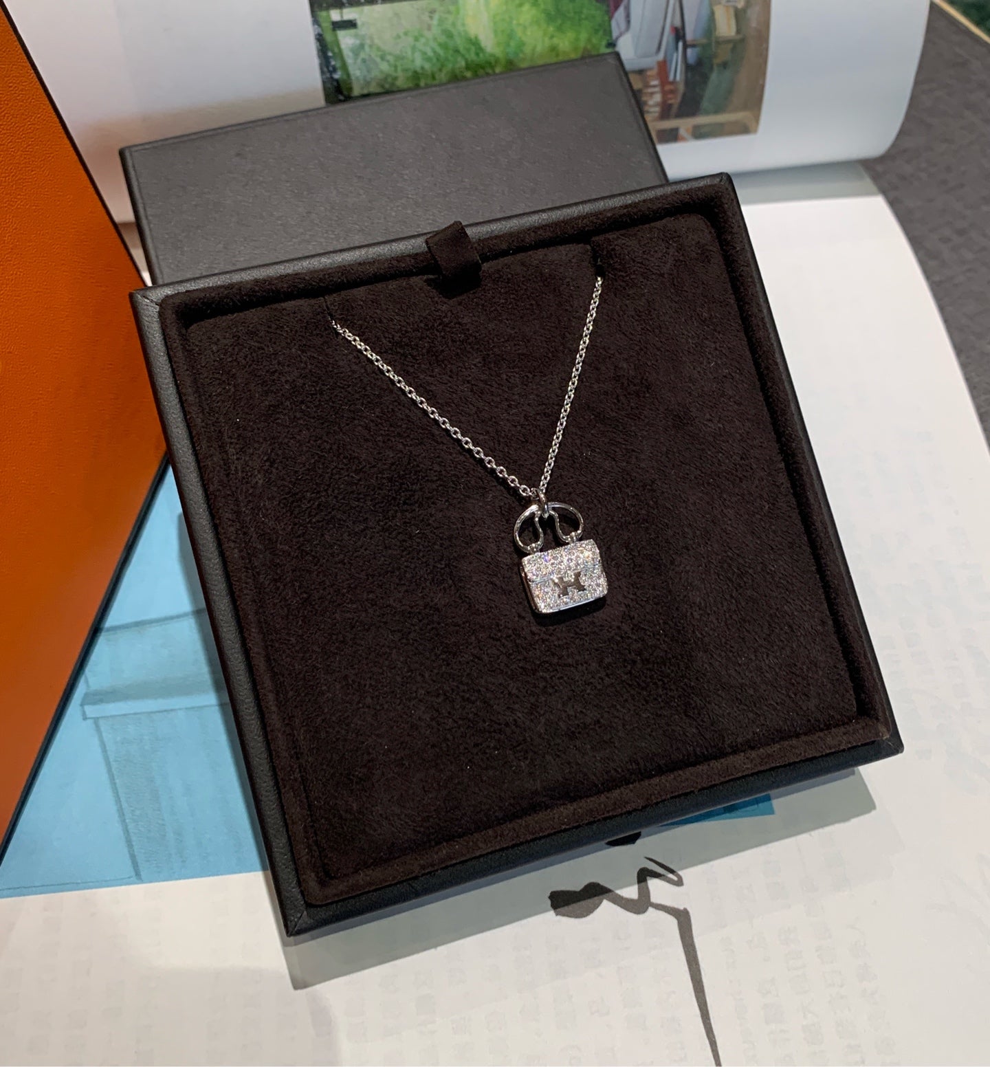 Hermes Kelly Amulette Necklace Silver Pavé Diamonds