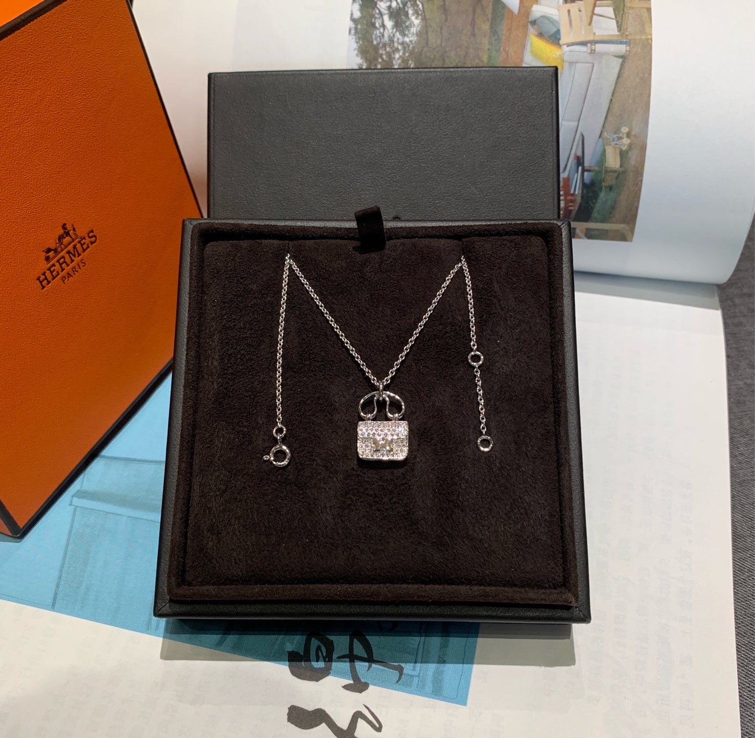 Hermes Kelly Amulette Necklace Silver Pavé Diamonds