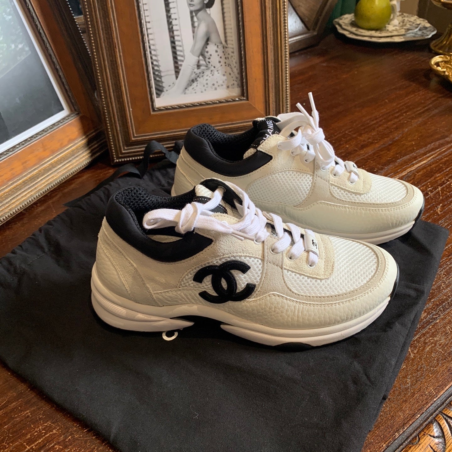 Chanel Athletic Sneakers Off-White Cream Mesh Leather Black Hardware