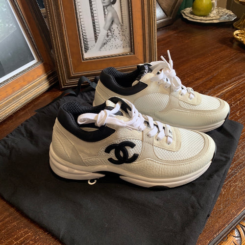 Chanel Athletic Sneakers Off-White Cream Mesh Leather Black Hardware