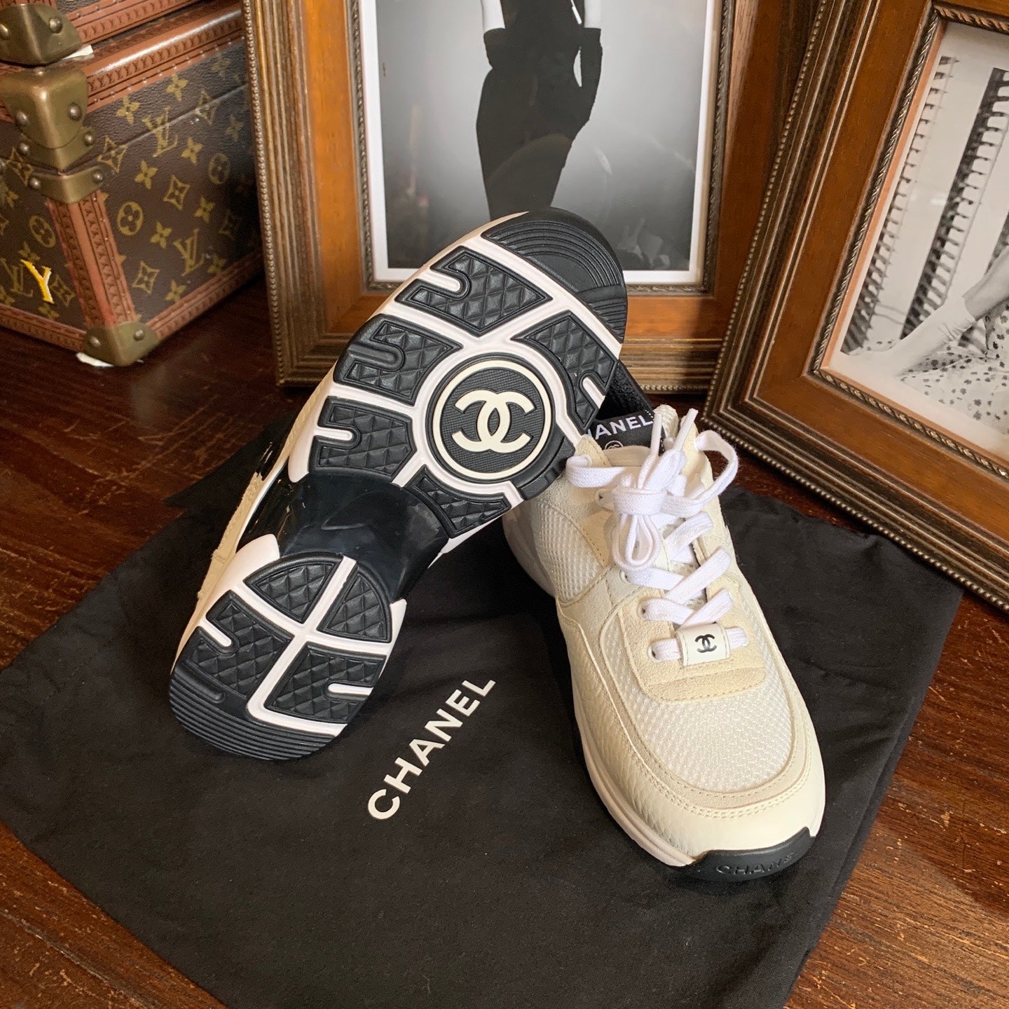 Chanel Athletic Sneakers Off-White Cream Mesh Leather Black Hardware
