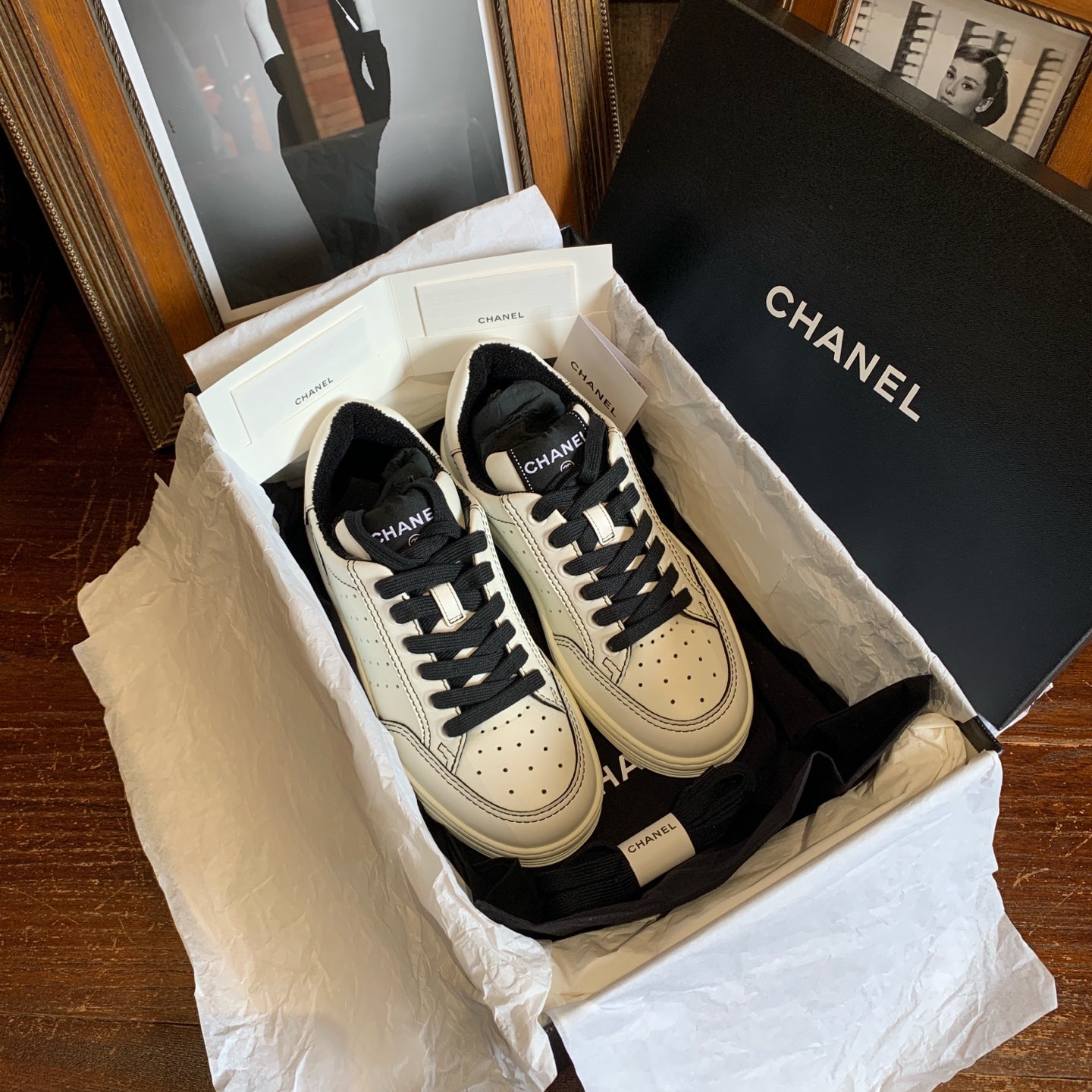 Chanel Low-top Sneakers Off-White Leather Black Laces