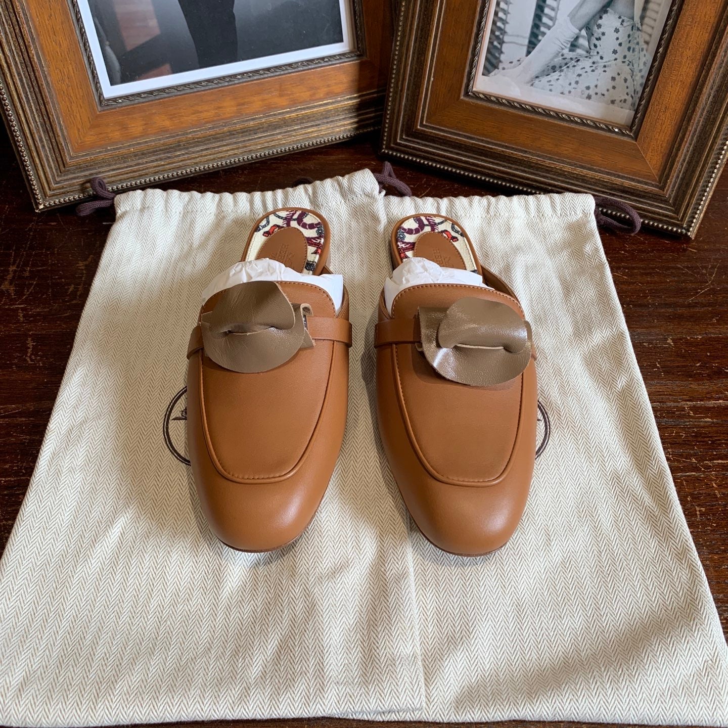 Hermes Mules Cognac Tan Leather Gold Hardware