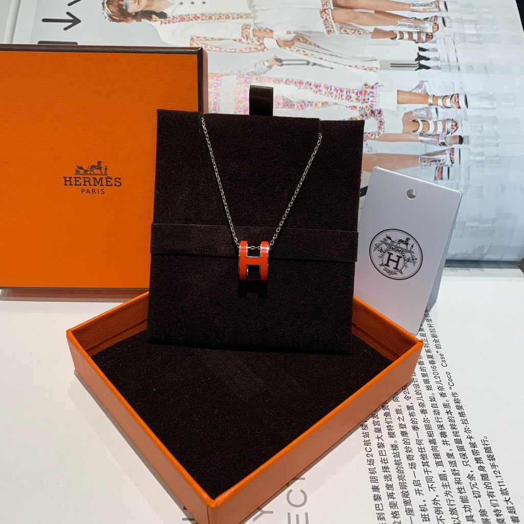 Hermes Pop H Necklace Orange Enamel Silver Hardware