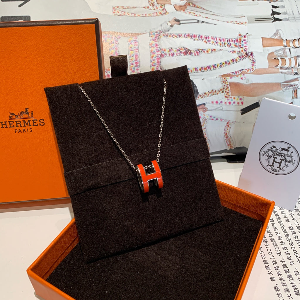 Hermes Pop H Necklace Orange Enamel Silver Hardware