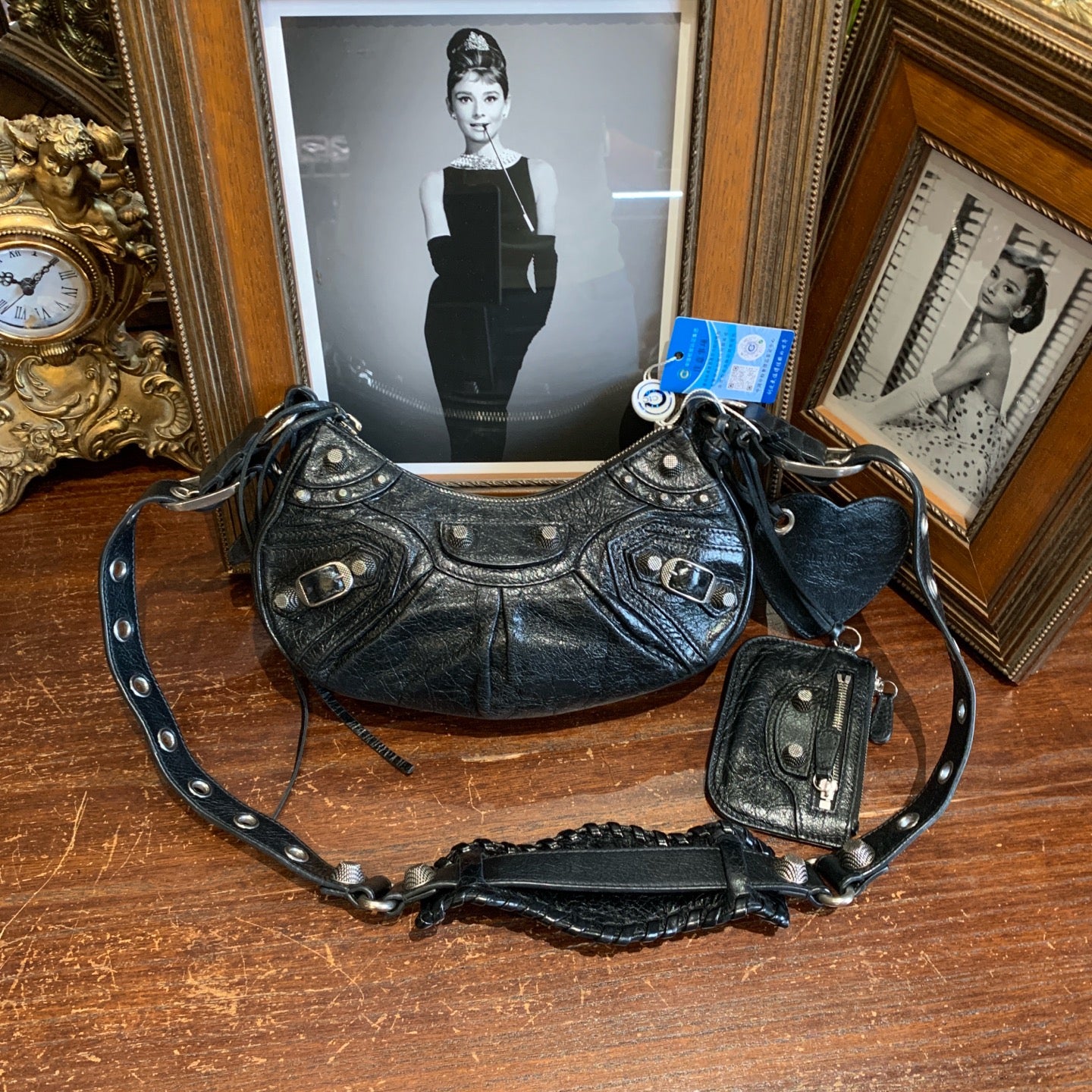 Balenciaga Le Cagole Shoulder Bag Black Distressed Leather Silver Hardware