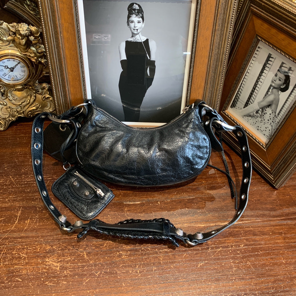 Balenciaga Le Cagole Shoulder Bag Black Distressed Leather Silver Hardware