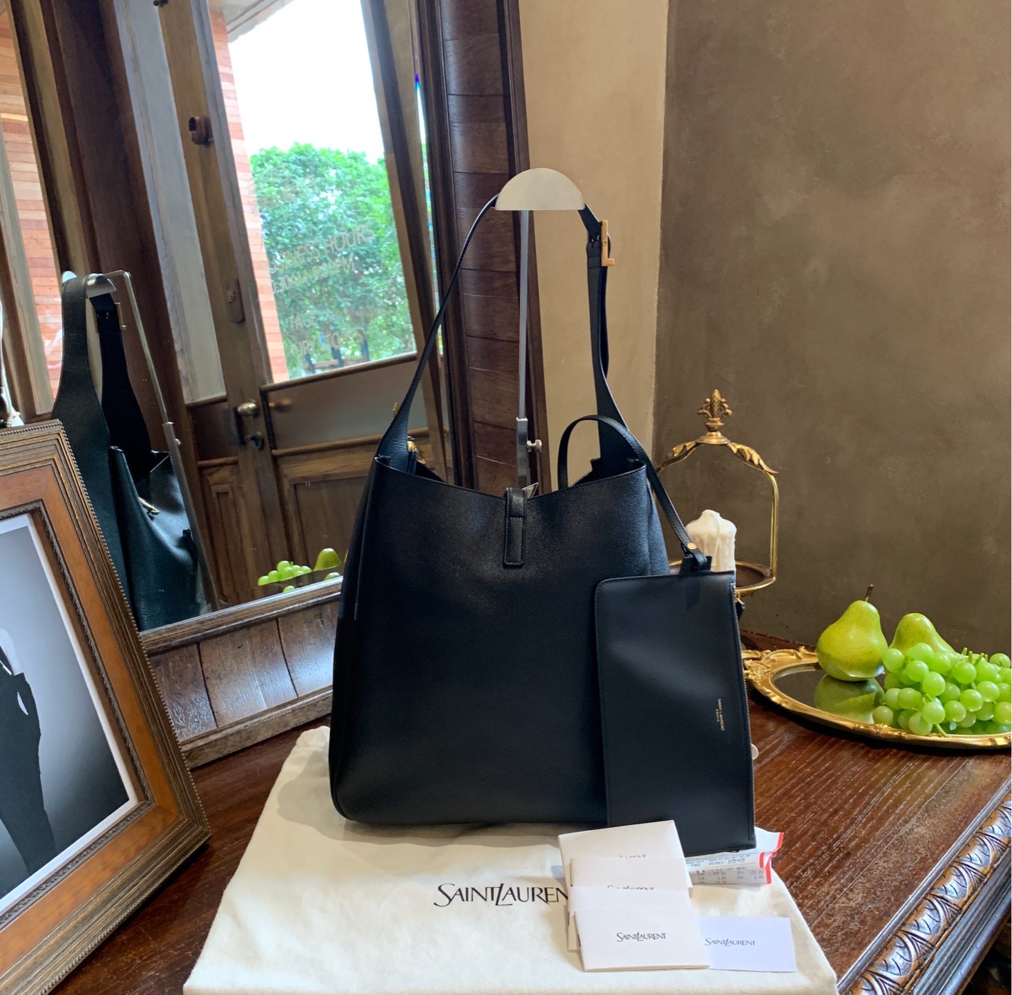 Saint Laurent Le 5 à 7 Hobo Bag Black Pebbled Leather Gold Hardware