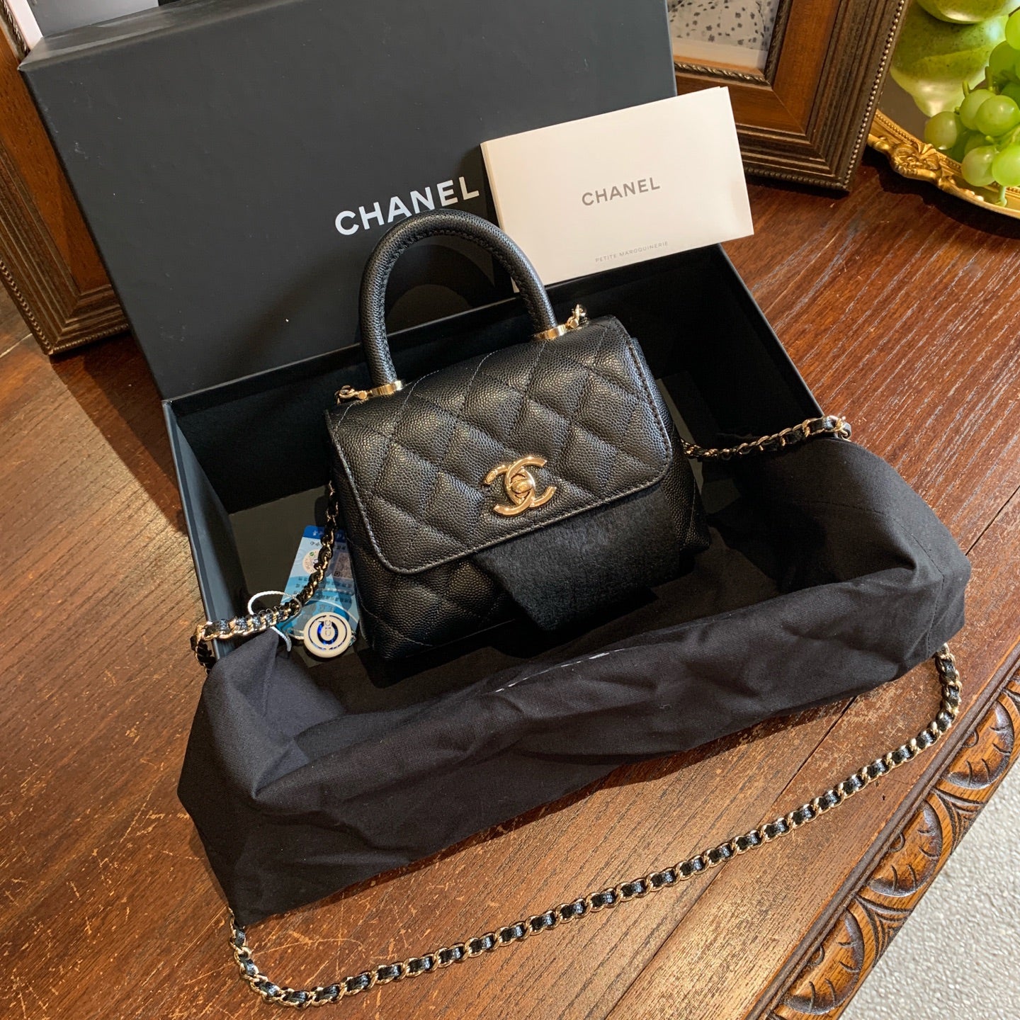 Chanel Mini Coco Handle Bag Black Quilted Caviar Gold Hardware