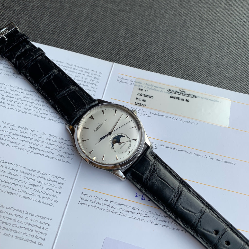 Jaeger-LeCoultre Master Ultra Thin Moon Watch Silver Case Black Leather