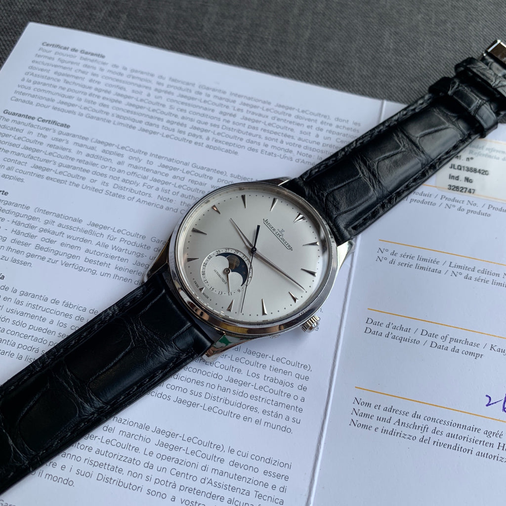 Jaeger-LeCoultre Master Ultra Thin Moon Watch Silver Case Black Leather
