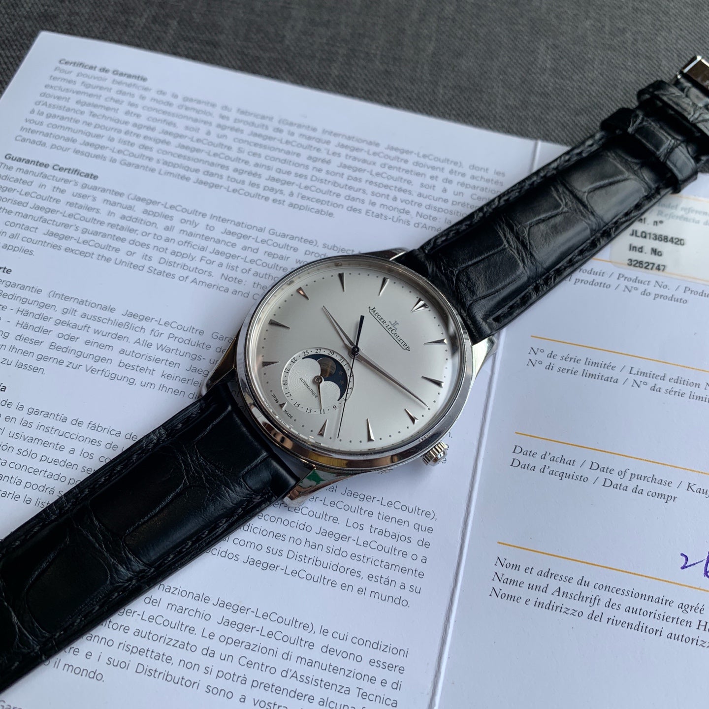 Jaeger-LeCoultre Master Ultra Thin Moon Watch Silver Case Black Leather