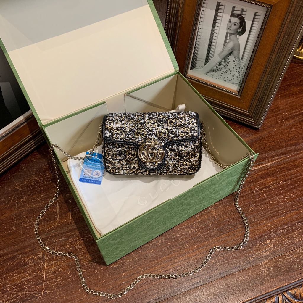 Gucci GG Marmont Shoulder Bag Black and White Tweed Gold Hardware