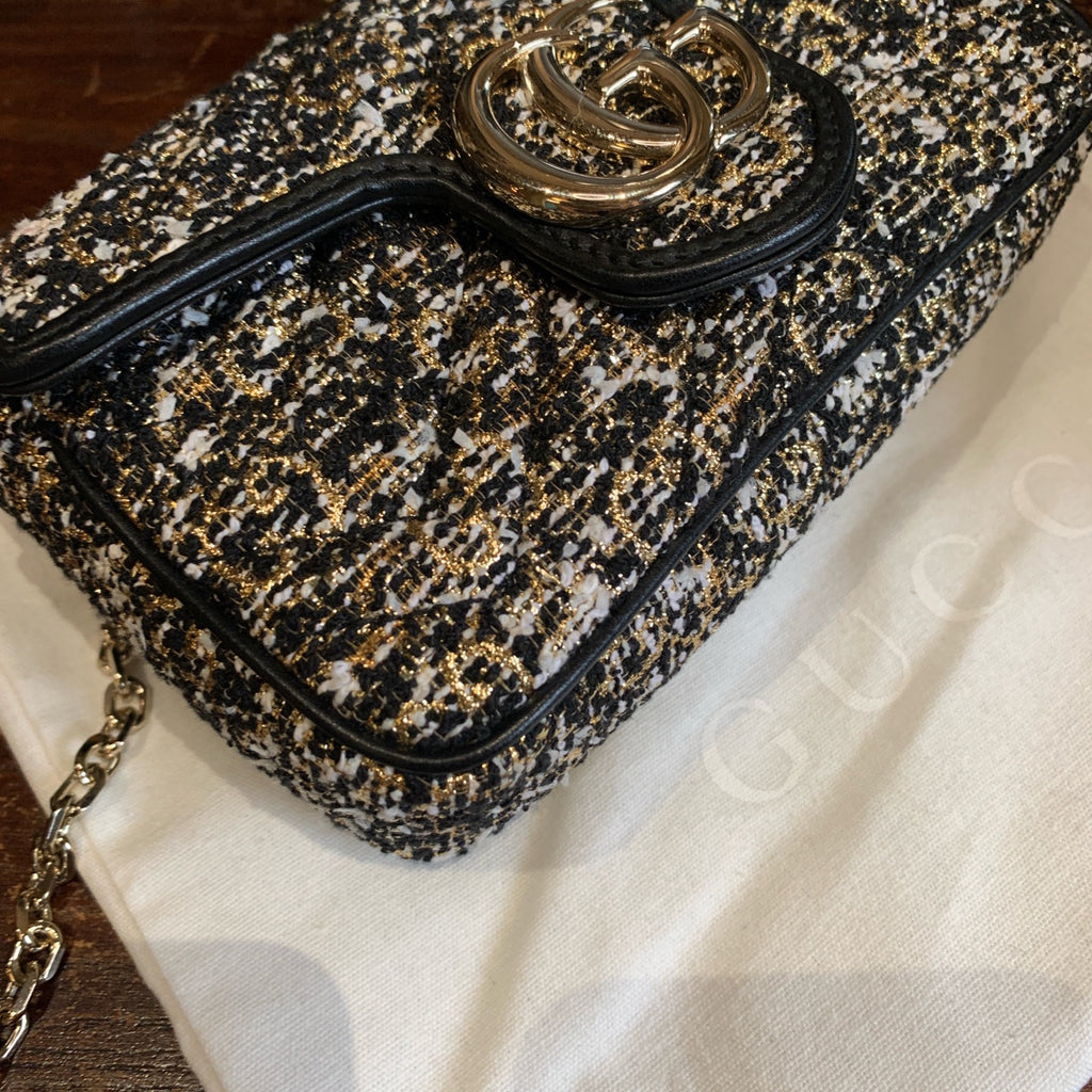 Gucci GG Marmont Shoulder Bag Black and White Tweed Gold Hardware