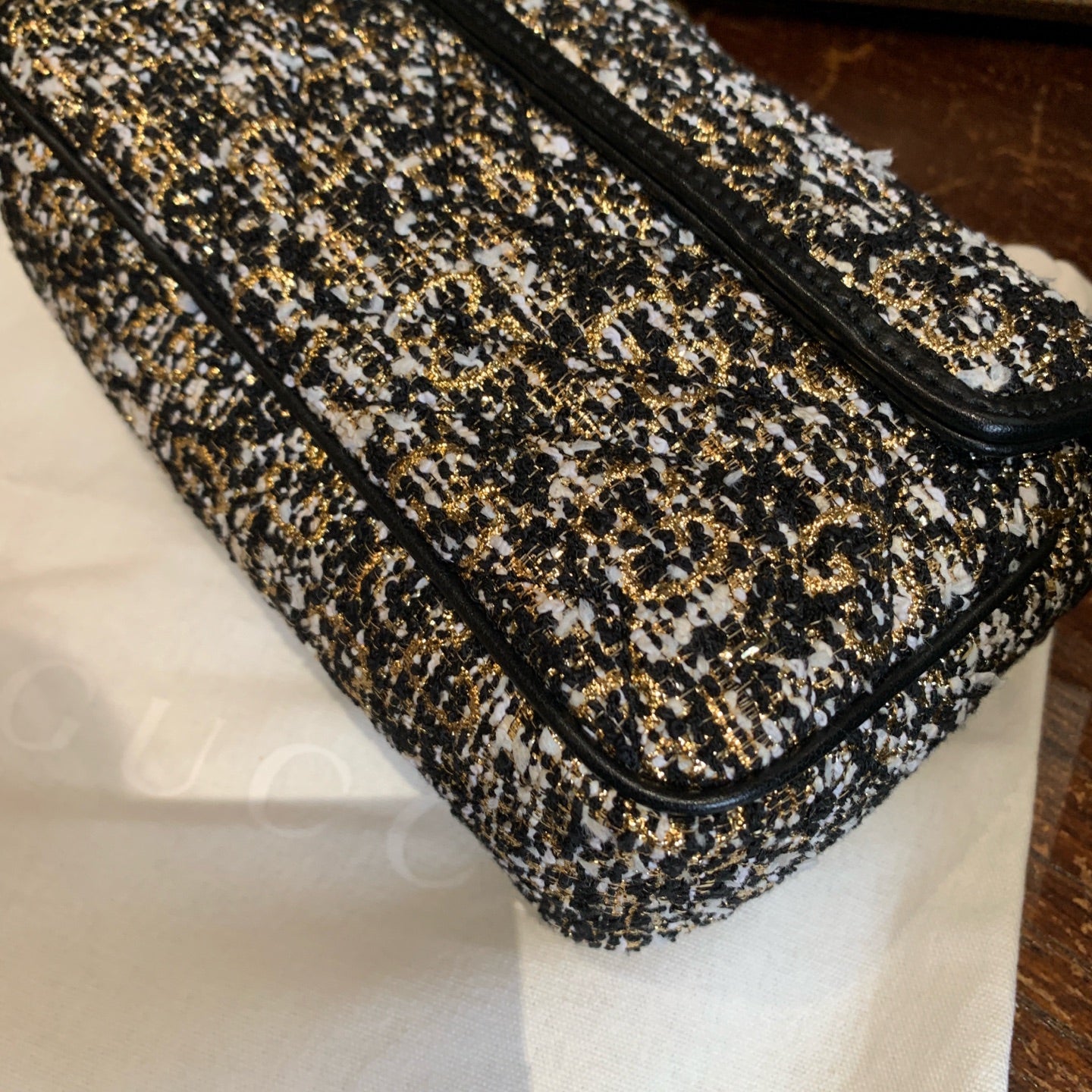 Gucci GG Marmont Shoulder Bag Black and White Tweed Gold Hardware
