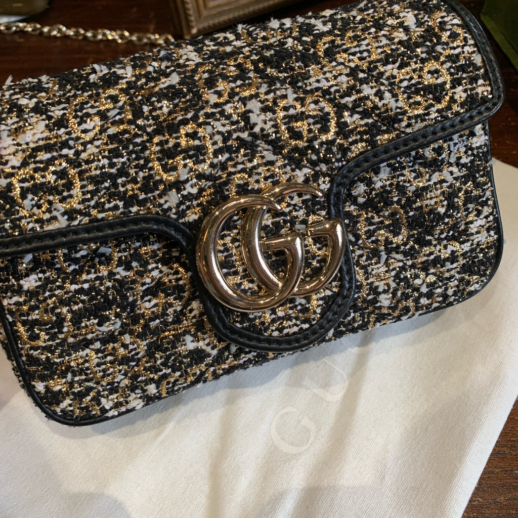 Gucci GG Marmont Shoulder Bag Black and White Tweed Gold Hardware