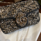 Gucci GG Marmont Shoulder Bag Black and White Tweed Gold Hardware