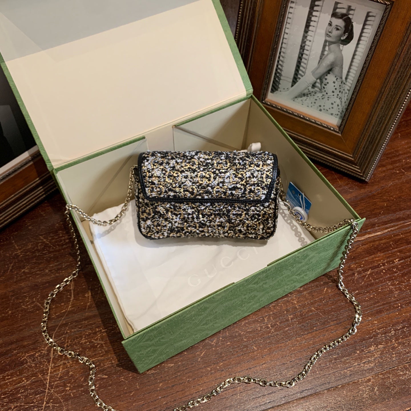 Gucci GG Marmont Shoulder Bag Black and White Tweed Gold Hardware