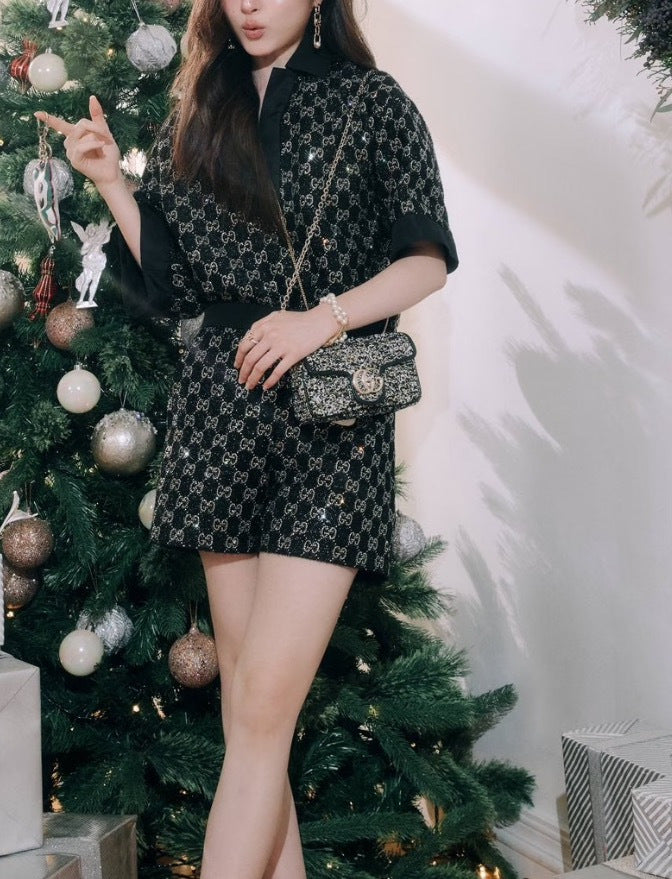 Gucci GG Marmont Shoulder Bag Black and White Tweed Gold Hardware
