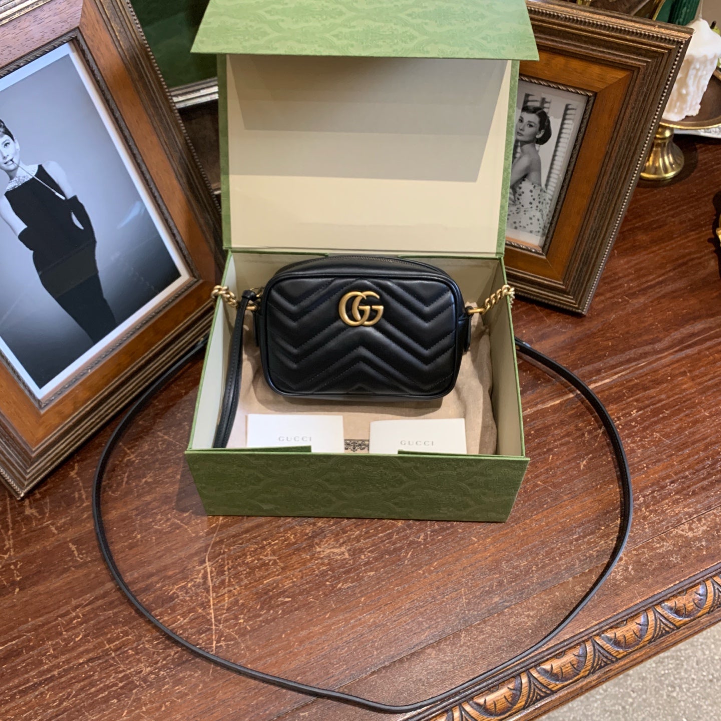 Gucci GG Marmont Camera Bag Black Quilted Leather Gold Hardware