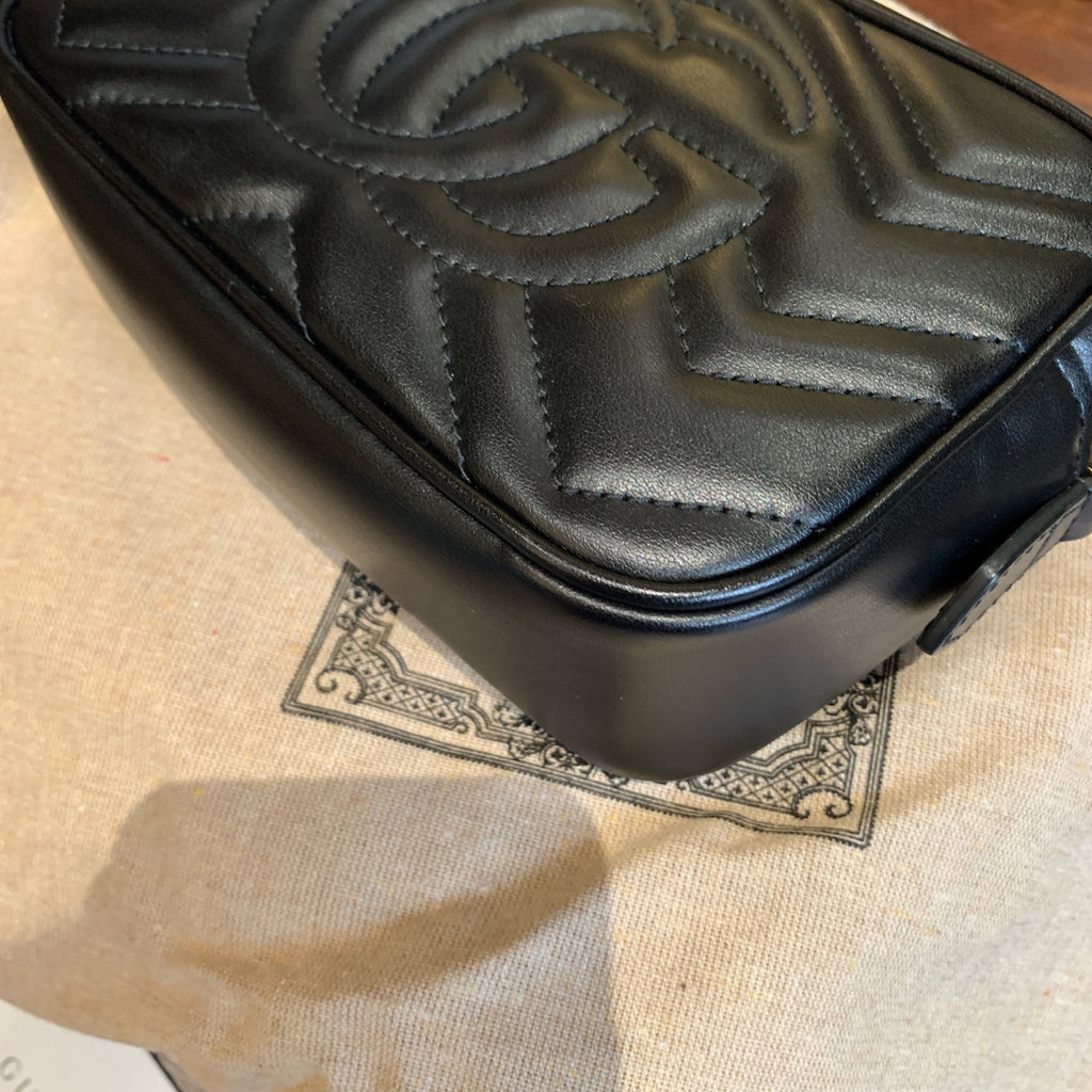 Gucci GG Marmont Camera Bag Black Quilted Leather Gold Hardware