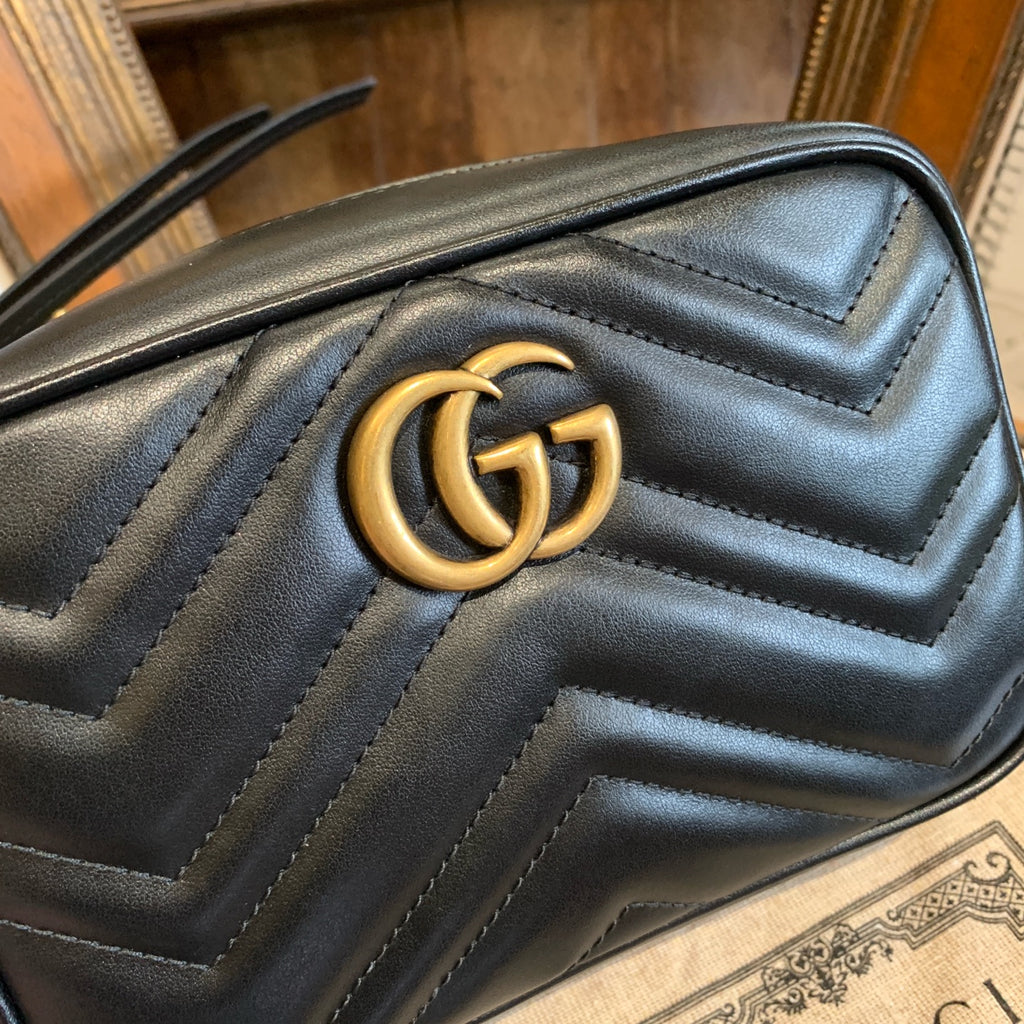 Gucci GG Marmont Camera Bag Black Quilted Leather Gold Hardware