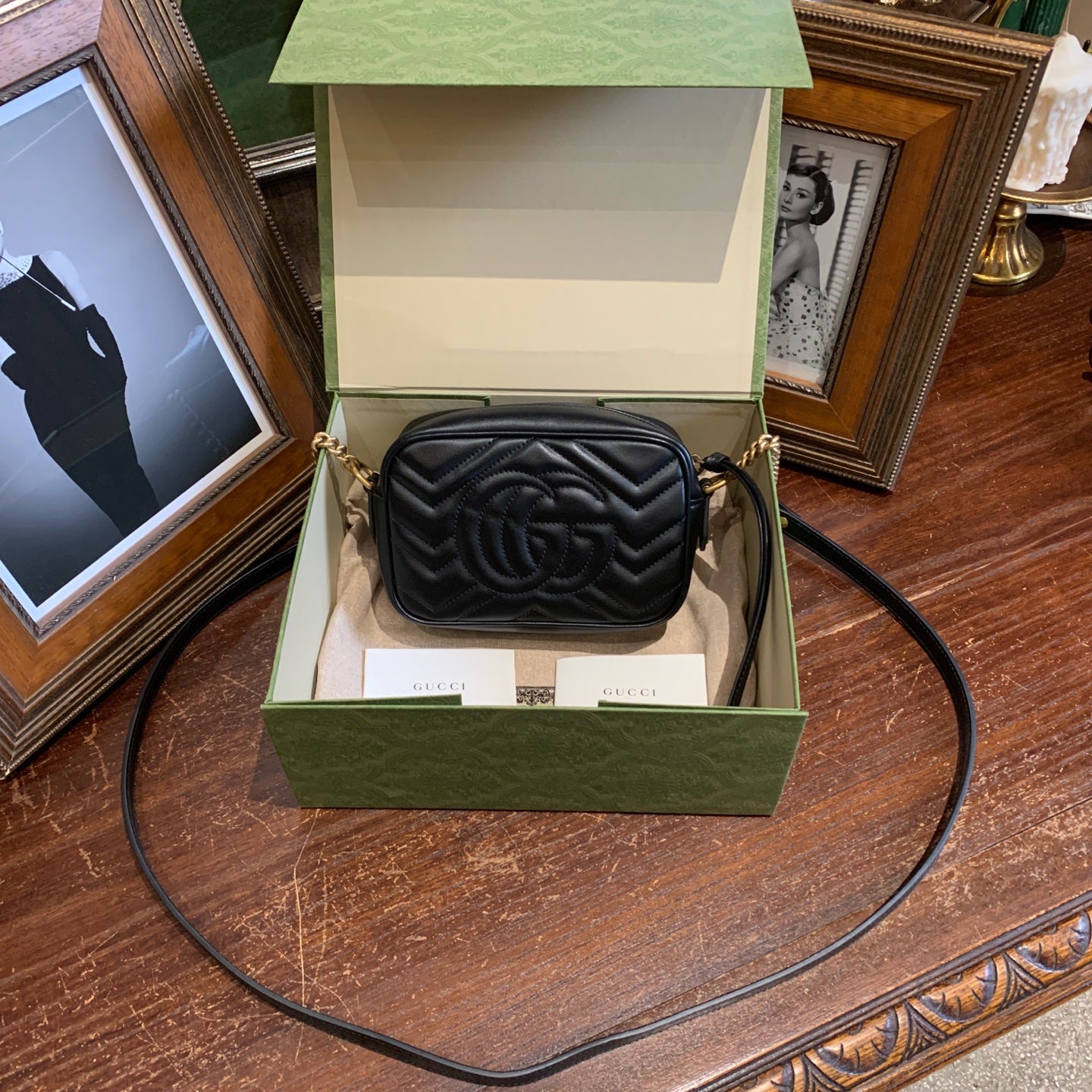 Gucci GG Marmont Camera Bag Black Quilted Leather Gold Hardware