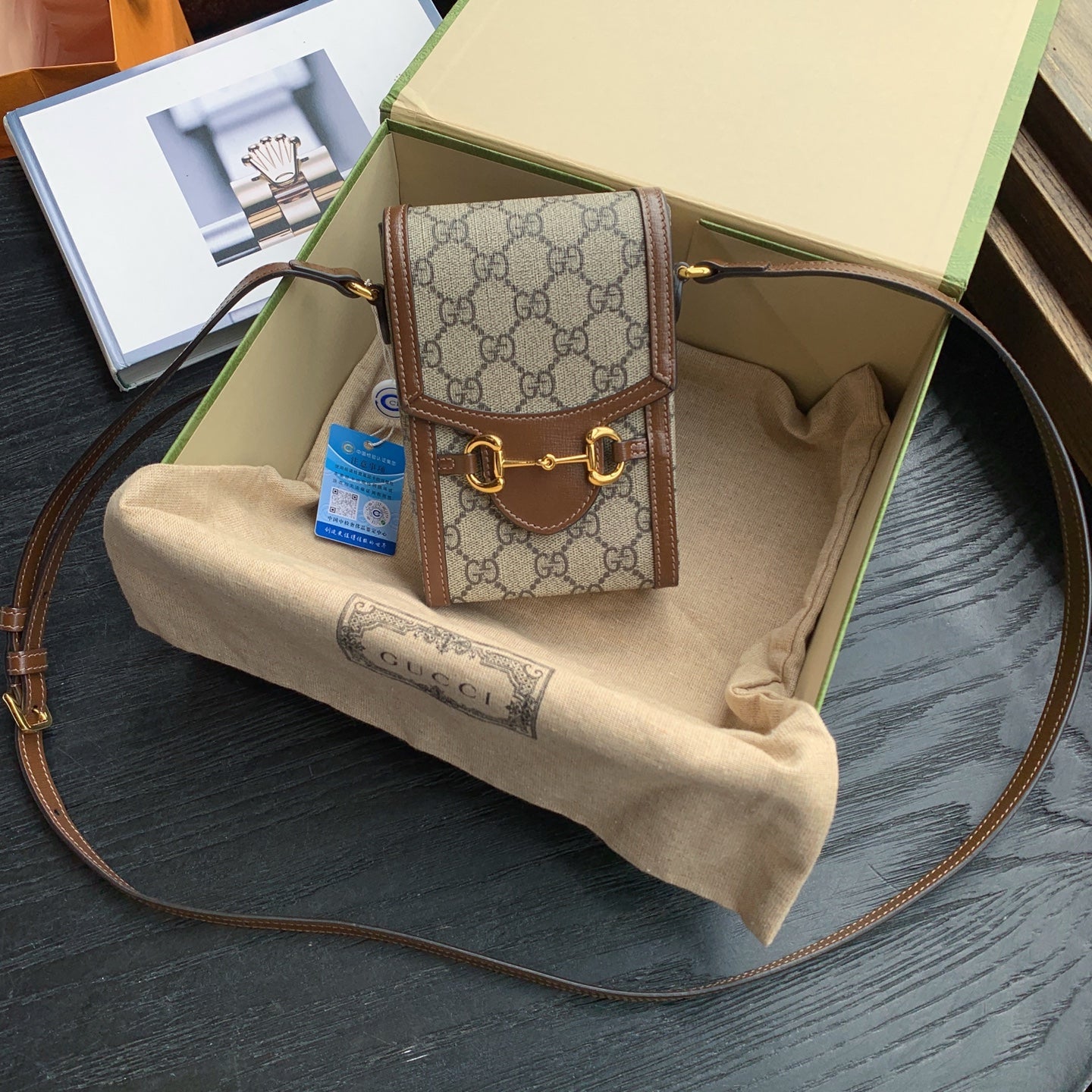 Gucci Horsebit 1955 Mini Crossbody Bag GG Supreme Canvas Gold Hardware