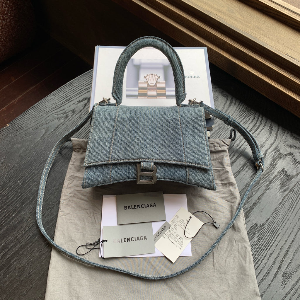 Balenciaga Hourglass Bag Blue Denim Aged Silver Hardware