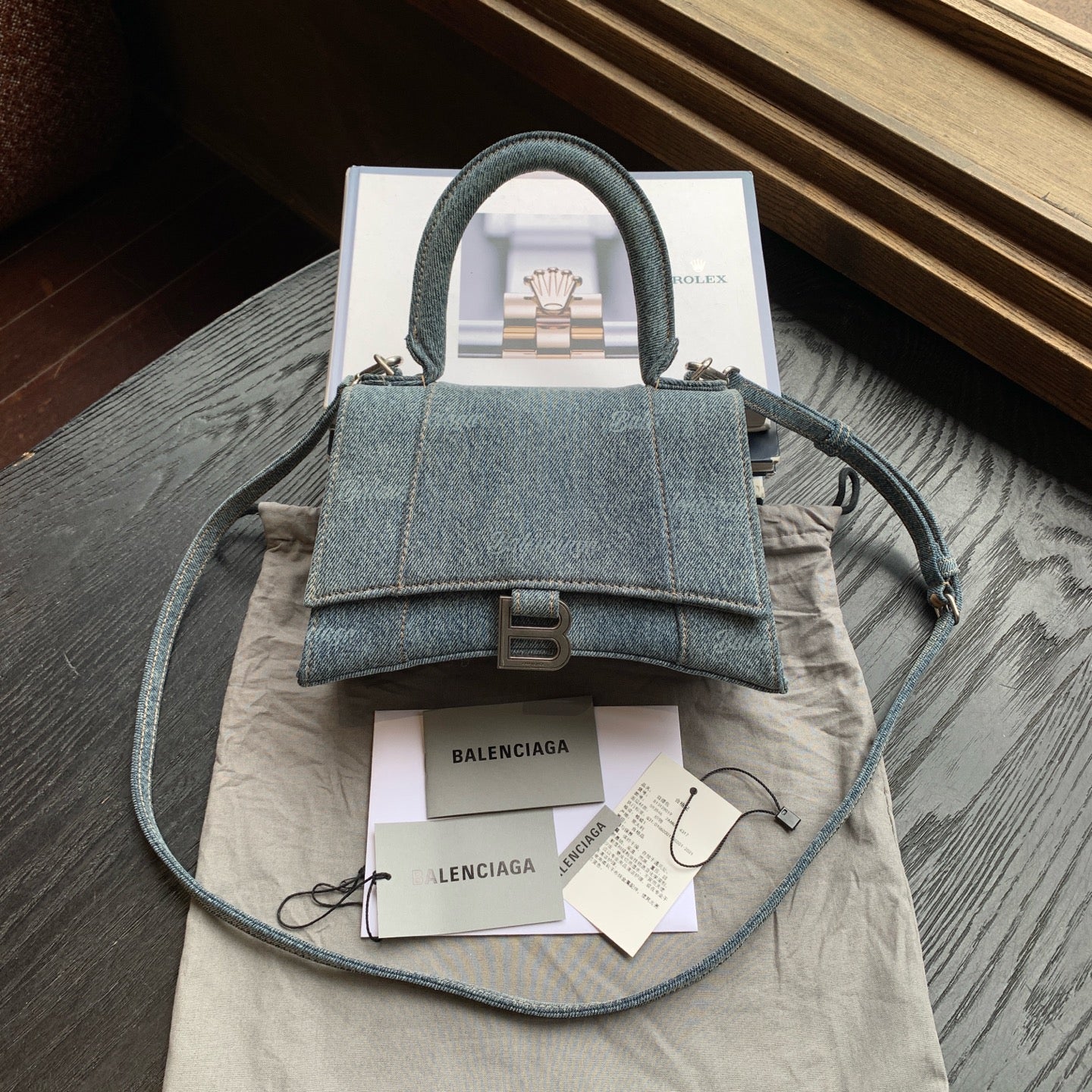 Balenciaga Hourglass Bag Blue Denim Aged Silver Hardware
