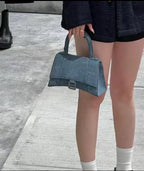 Balenciaga Hourglass Bag Blue Denim Aged Silver Hardware