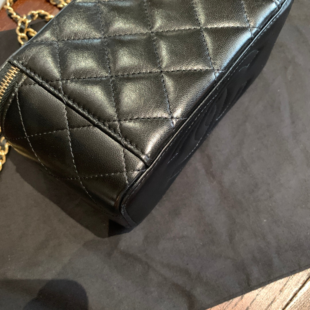 Chanel Mini Vanity Case With Chain Black Quilted Lambskin Gold Hardware