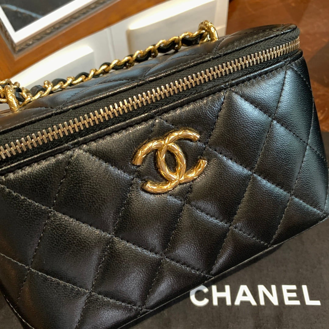 Chanel Mini Vanity Case With Chain Black Quilted Lambskin Gold Hardware