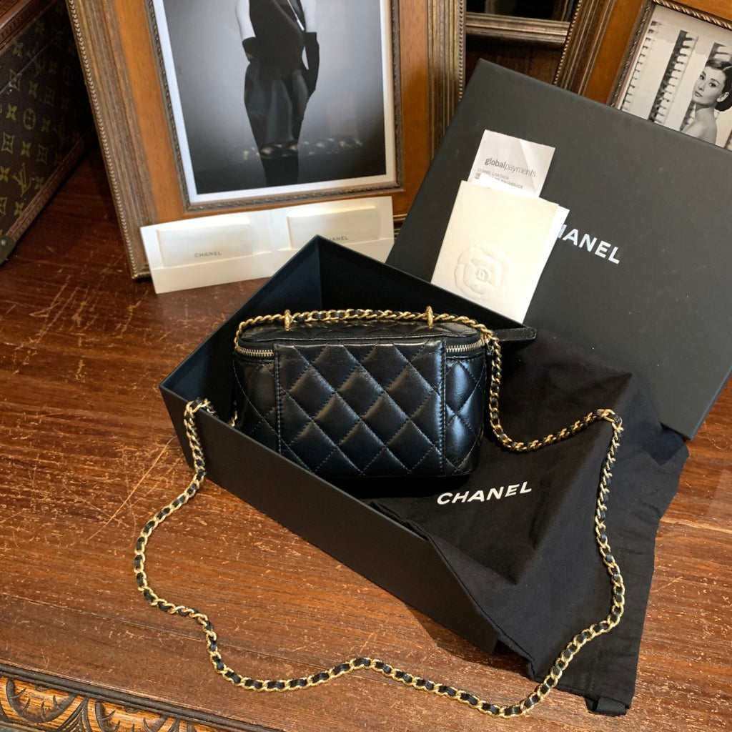 Chanel Mini Vanity Case With Chain Black Quilted Lambskin Gold Hardware