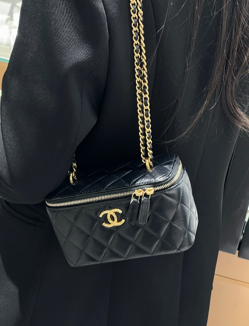 Chanel Mini Vanity Case With Chain Black Quilted Lambskin Gold Hardware