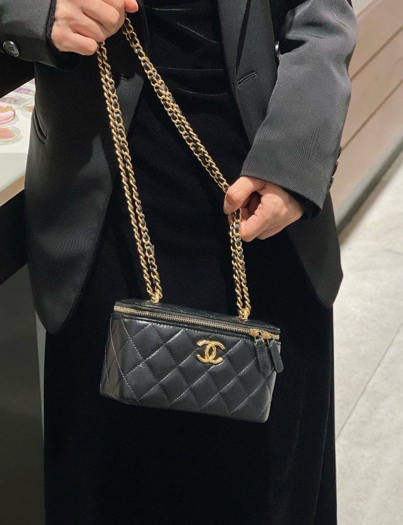 Chanel Mini Vanity Case With Chain Black Quilted Lambskin Gold Hardware