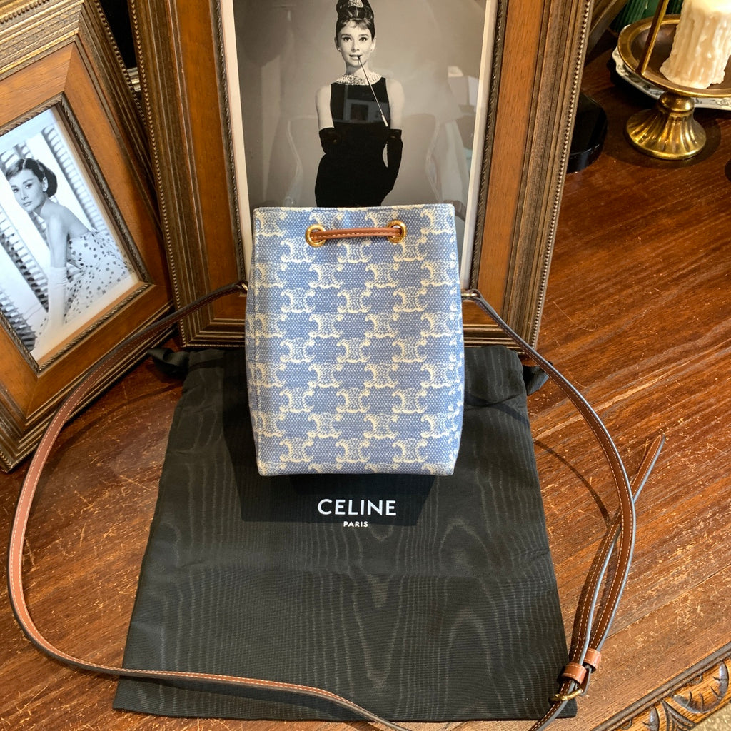 Celine Sailor Bucket Bag Denim Blue Triomphe Canvas Brown Leather Gold Hardware