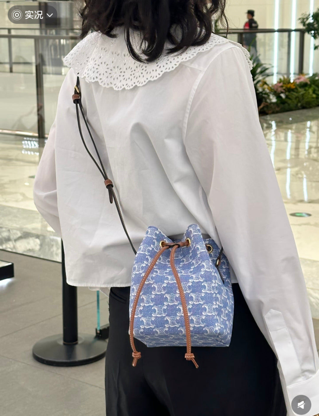 Celine Sailor Bucket Bag Denim Blue Triomphe Canvas Brown Leather Gold Hardware